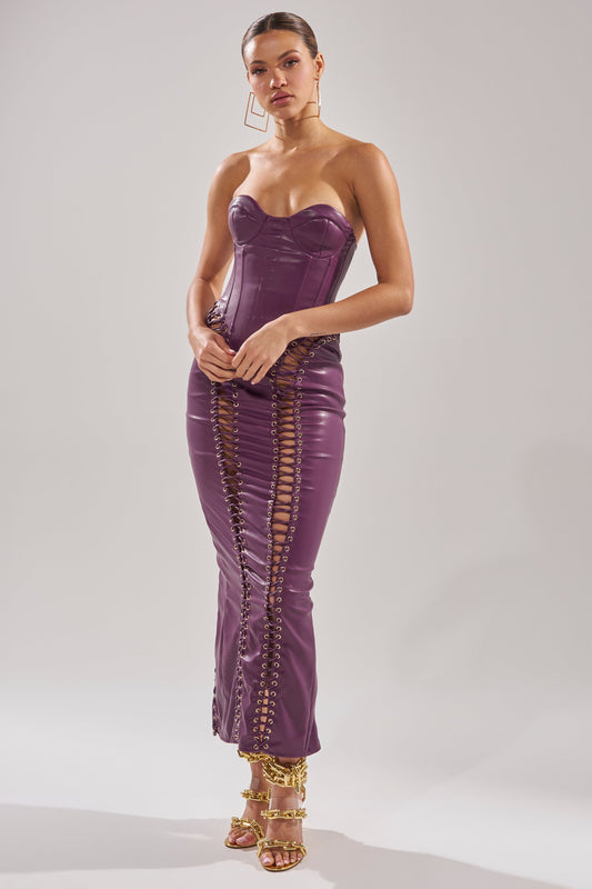 Arovena Purple Faux Leather Corset Lace-Up Fitted Midi Dress