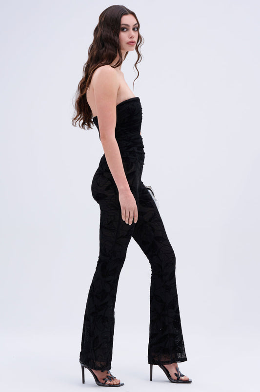 Arovena Black Textured Velvet Strapless Cutout Jumpsuit