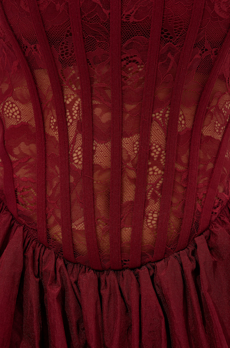 Arovena Strapless Burgundy Lace Corset Bubble Mini Dress