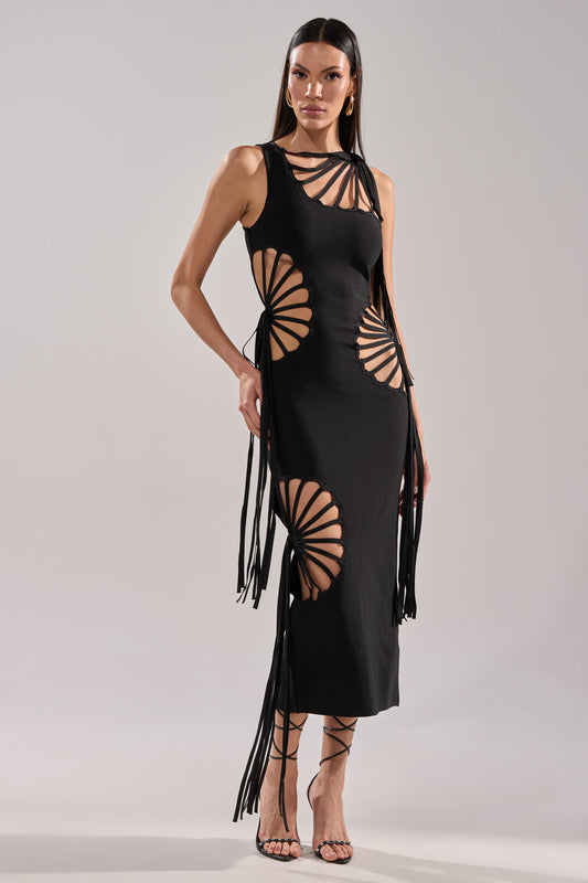 Arovena Black Spiral Cutout Fringe Sleeveless Midi Dress