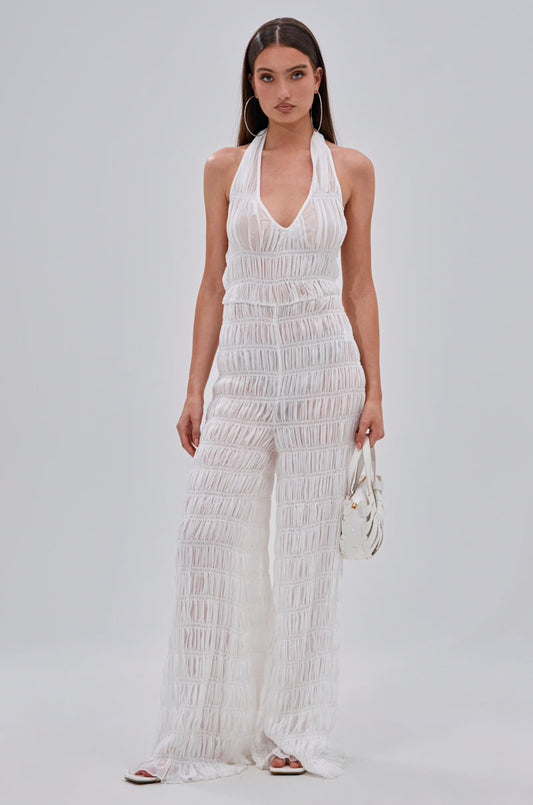 Arovena White Textured Fringe Halter V Neck Jumpsuit