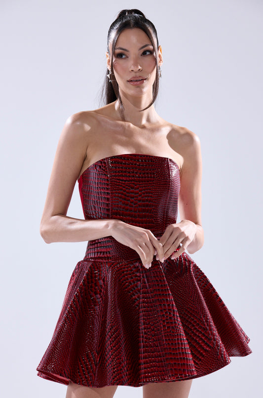 Arovena Strapless Red Croc Print PU Flared Mini Dress