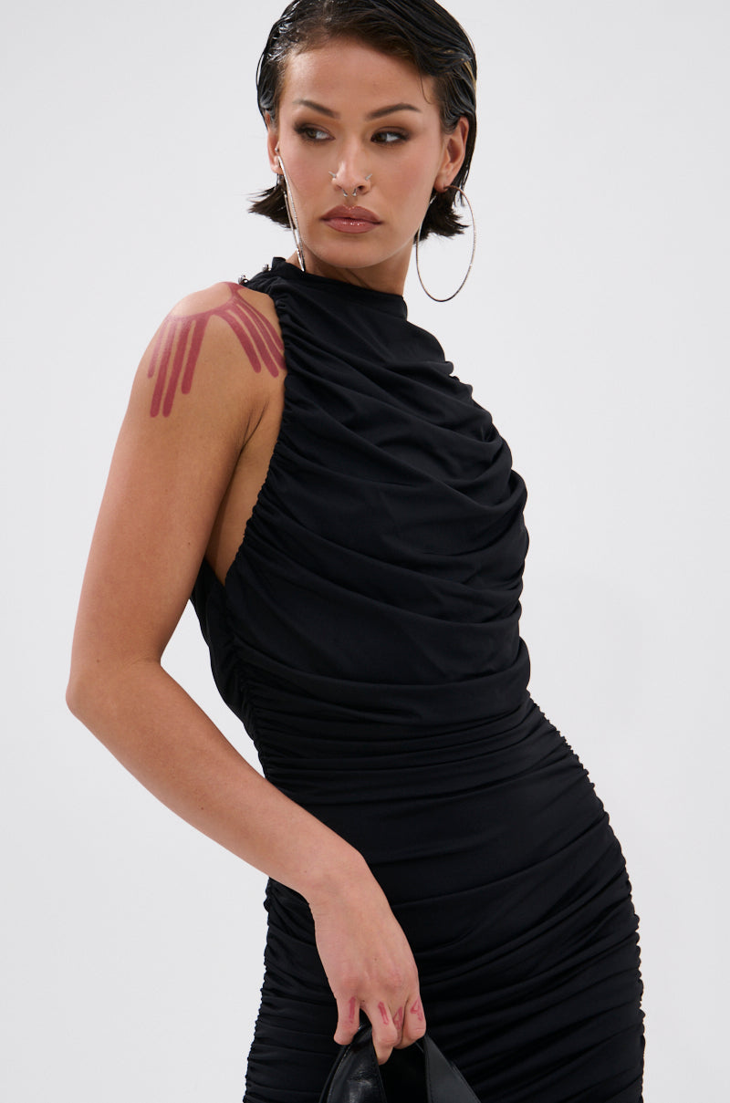 Arovena Black Ruched Mock Neck Sleeveless Midi Dress