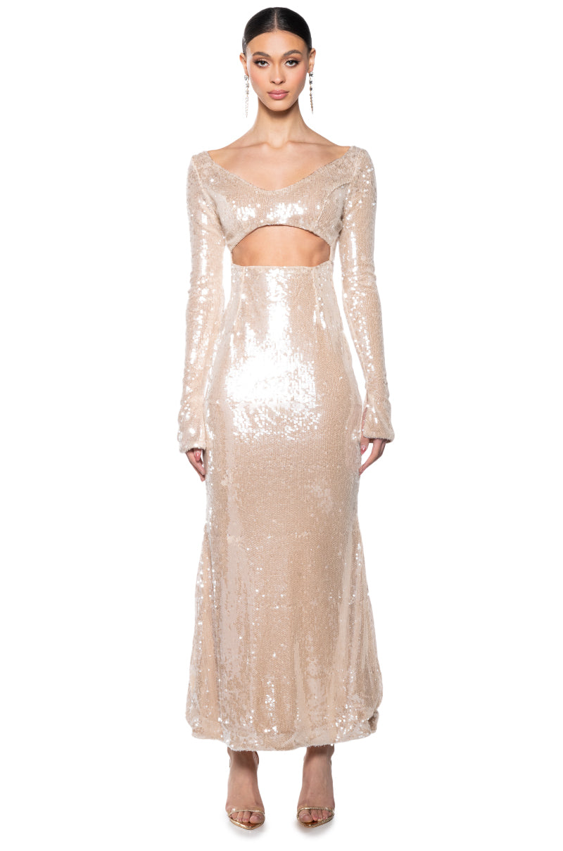 Arovena V-Neck Sequin Cut Out Long Sleeve Maxi Dress