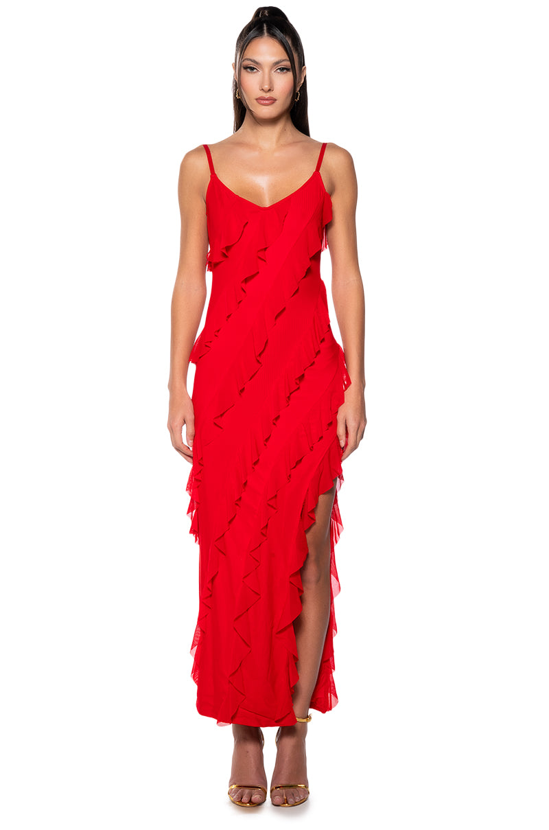 Arovena V-Neck Red Tiered Ruffle High Slit Maxi Dress