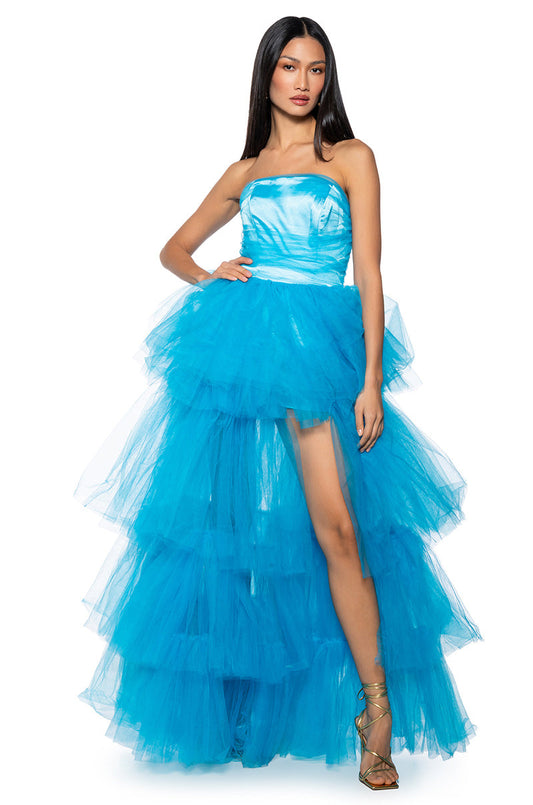 Arovena Blue Strapless Corset Tiered Tulle Ruffle Ball Gown