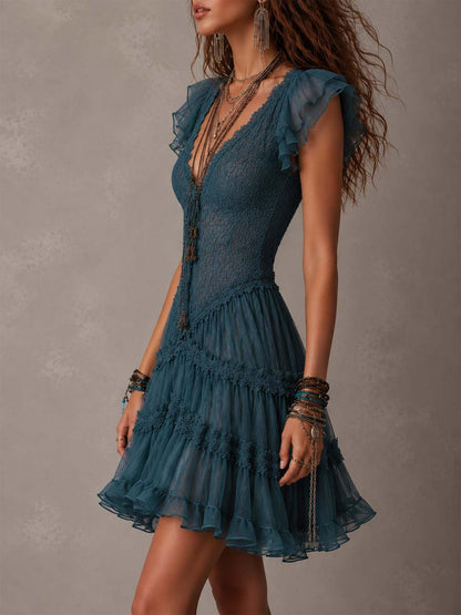 Retro Blue Lace & Chiffon Ruffled Mini Dress