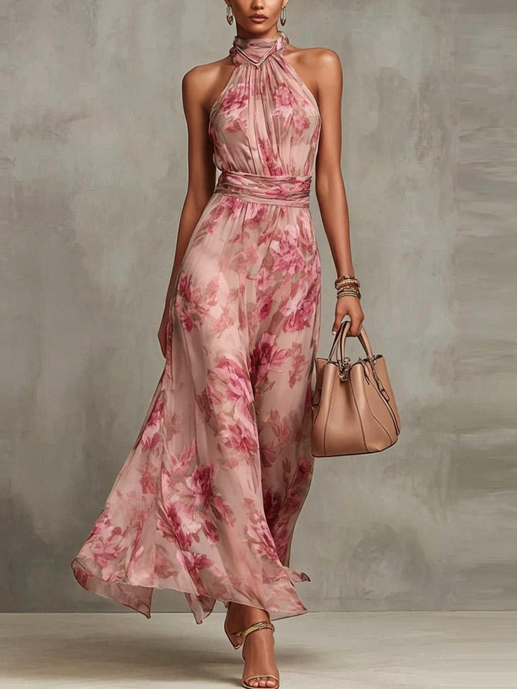 Pink Floral Chiffon Halter Maxi Dress