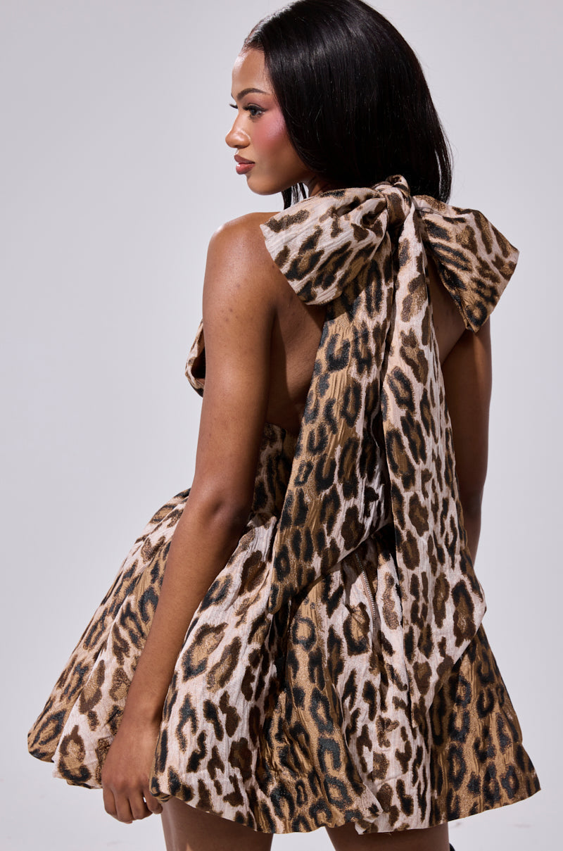Arovena Halter Deep V-Neck Leopard Print Bubble Mini Dress