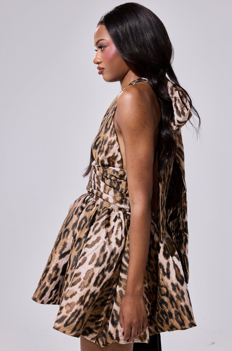 Arovena Halter Deep V-Neck Leopard Print Bubble Mini Dress