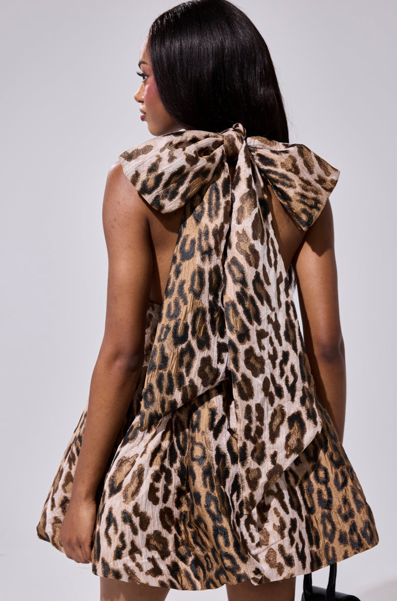 Arovena Halter Deep V-Neck Leopard Print Bubble Mini Dress