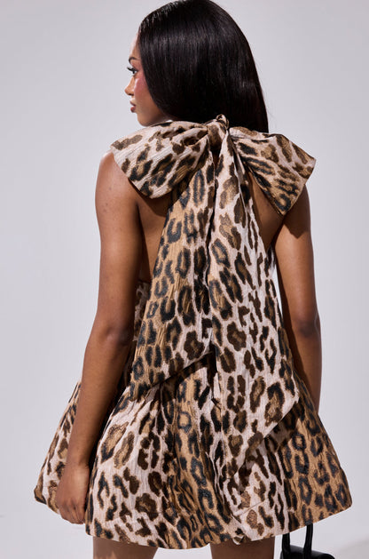 Arovena Halter Deep V-Neck Leopard Print Bubble Mini Dress