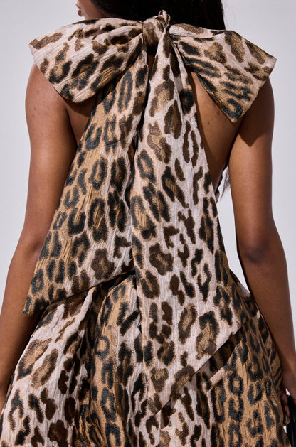 Arovena Halter Deep V-Neck Leopard Print Bubble Mini Dress