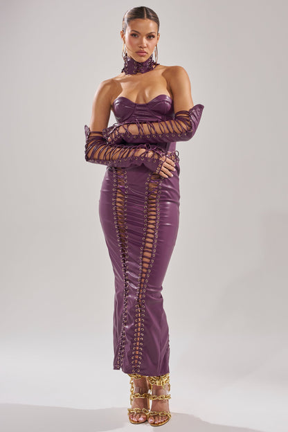 Arovena Purple Faux Leather Corset Lace-Up Fitted Midi Dress