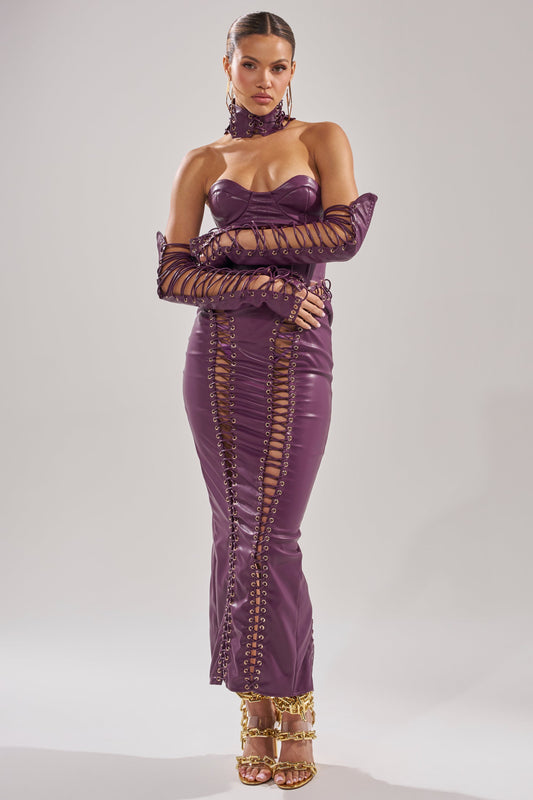 Arovena Purple Faux Leather Corset Lace-Up Fitted Midi Dress