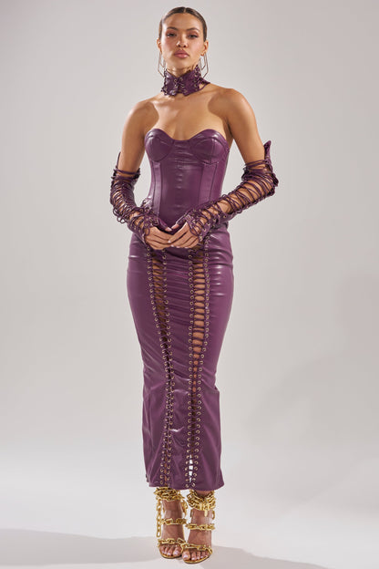 Arovena Purple Faux Leather Corset Lace-Up Fitted Midi Dress