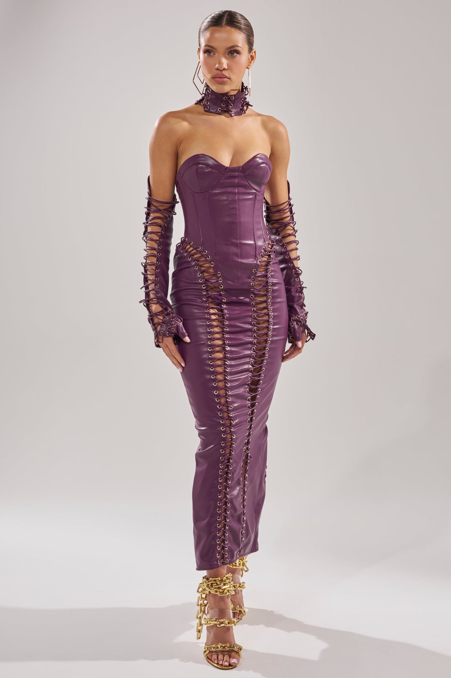 Arovena Purple Faux Leather Corset Lace-Up Fitted Midi Dress