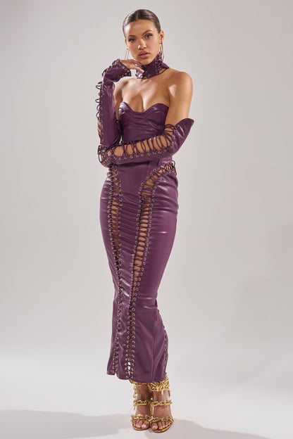 Arovena Purple Faux Leather Corset Lace-Up Fitted Midi Dress