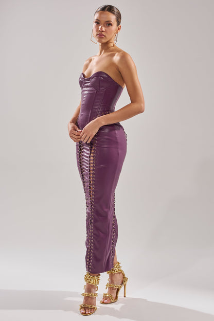 Arovena Purple Faux Leather Corset Lace-Up Fitted Midi Dress