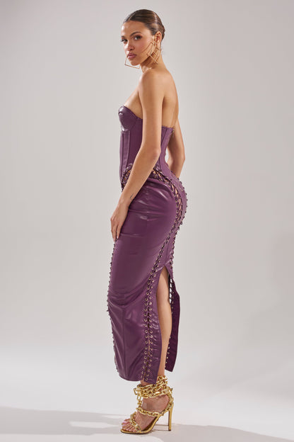 Arovena Purple Faux Leather Corset Lace-Up Fitted Midi Dress