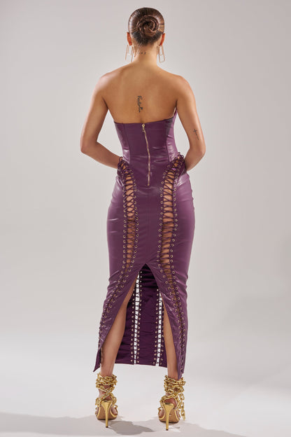 Arovena Purple Faux Leather Corset Lace-Up Fitted Midi Dress