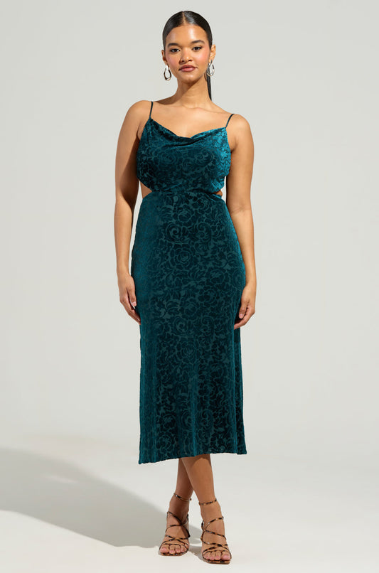 Arovena Teal Velvet Floral Cowl Neck Cutout Midi Dress