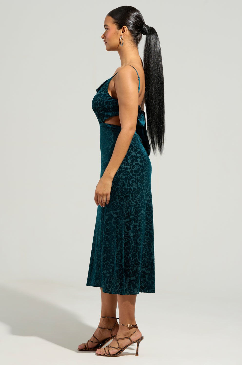Arovena Teal Velvet Floral Cowl Neck Cutout Midi Dress