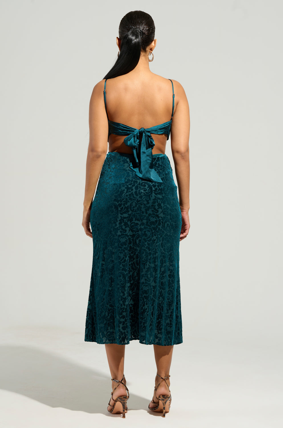 Arovena Teal Velvet Floral Cowl Neck Cutout Midi Dress