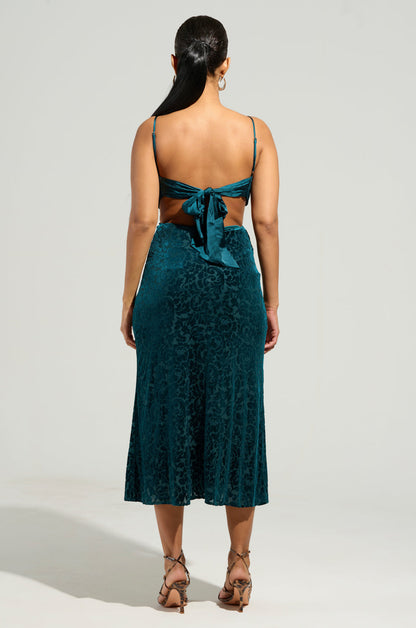 Arovena Teal Velvet Floral Cowl Neck Cutout Midi Dress