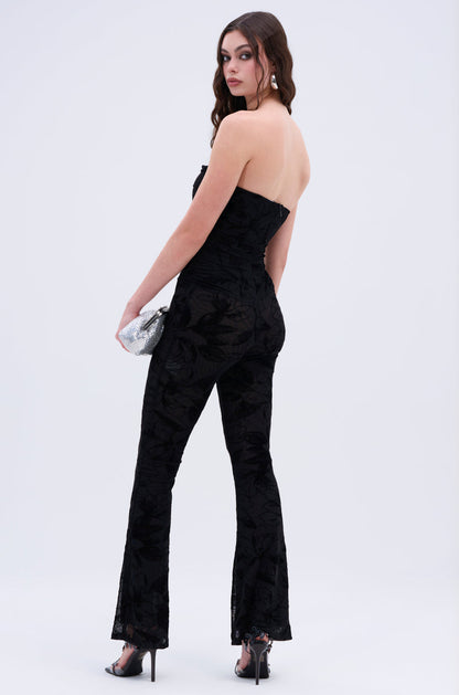 Arovena Black Textured Velvet Strapless Cutout Jumpsuit