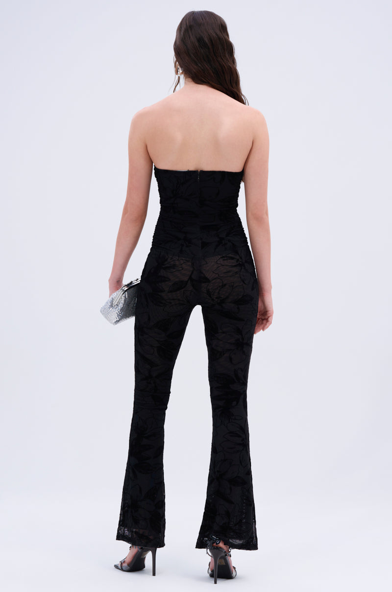 Arovena Black Textured Velvet Strapless Cutout Jumpsuit