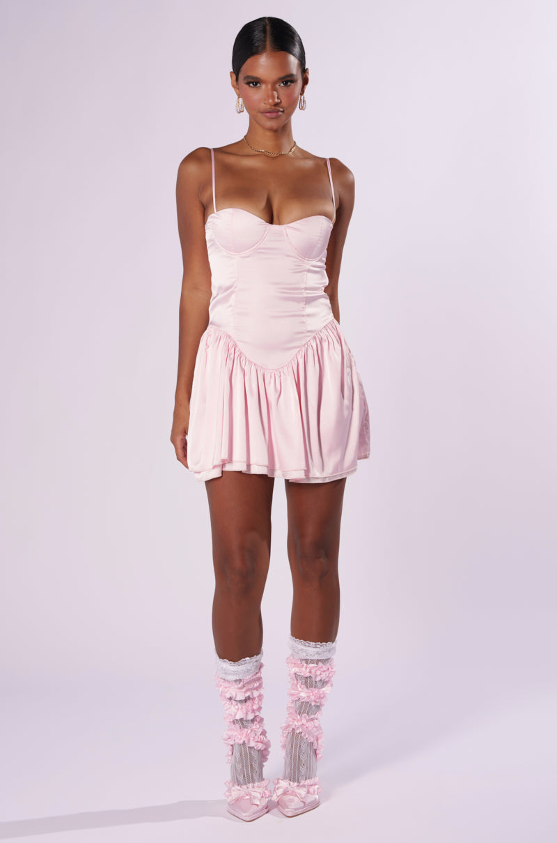 Arovena Sweetheart Neck Pink Satin Corset Flare Mini Dress