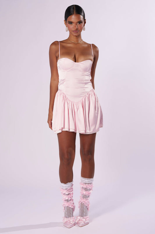 Arovena Sweetheart Neck Pink Satin Corset Flare Mini Dress