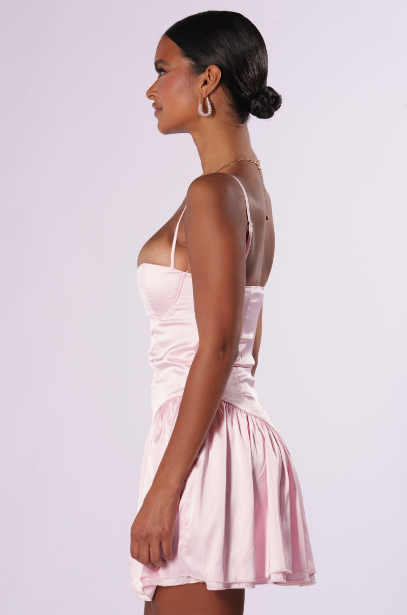 Arovena Sweetheart Neck Pink Satin Corset Flare Mini Dress