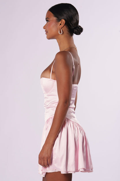 Arovena Sweetheart Neck Pink Satin Corset Flare Mini Dress
