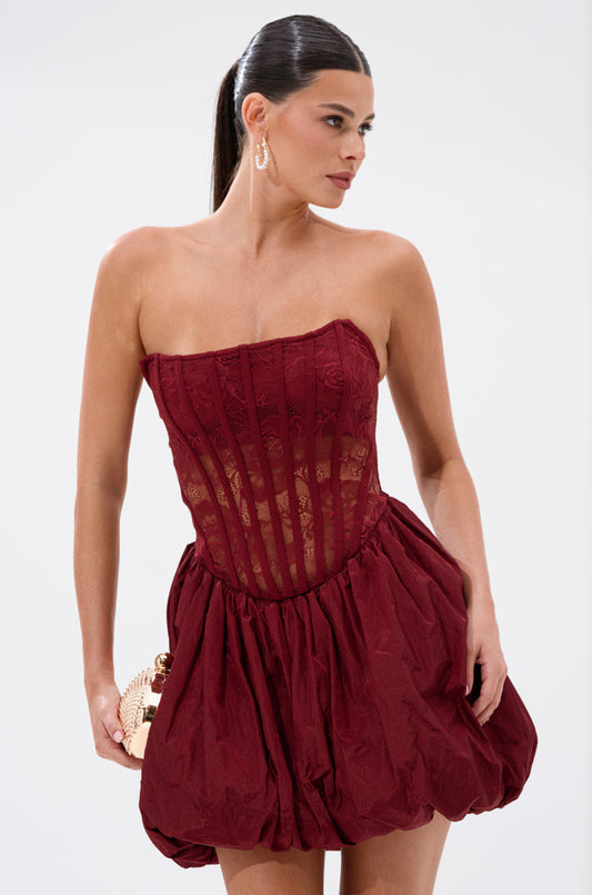 Arovena Strapless Burgundy Lace Corset Bubble Mini Dress