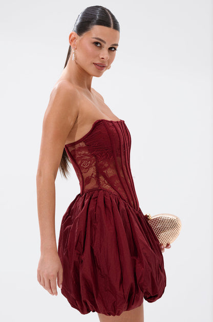 Arovena Strapless Burgundy Lace Corset Bubble Mini Dress