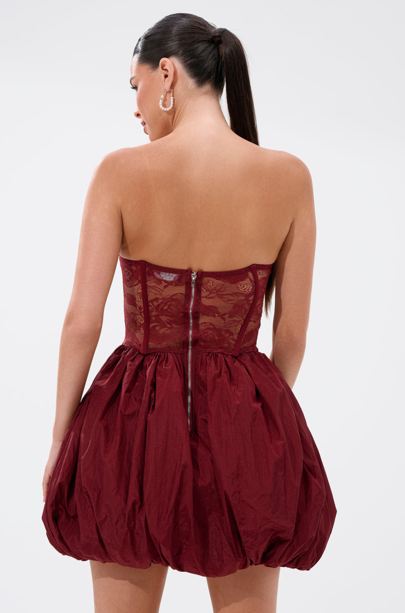 Arovena Strapless Burgundy Lace Corset Bubble Mini Dress