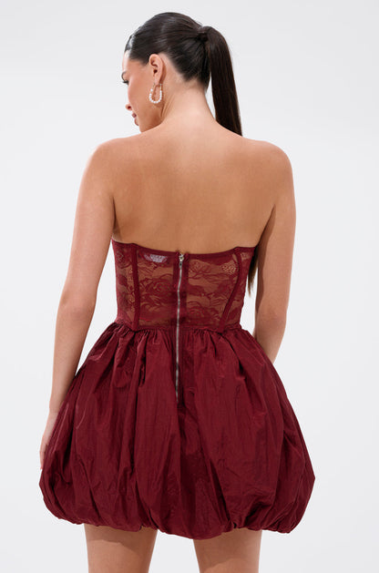 Arovena Strapless Burgundy Lace Corset Bubble Mini Dress