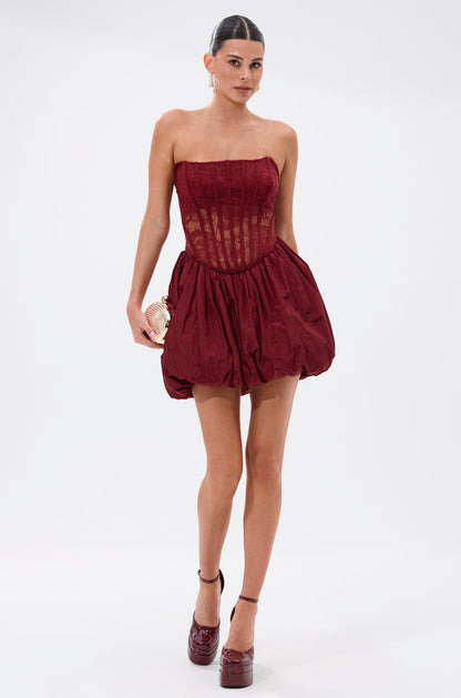 Arovena Strapless Burgundy Lace Corset Bubble Mini Dress