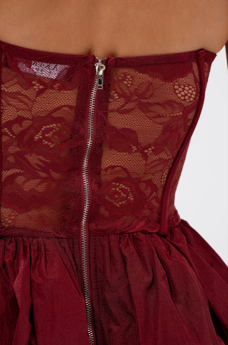 Arovena Strapless Burgundy Lace Corset Bubble Mini Dress