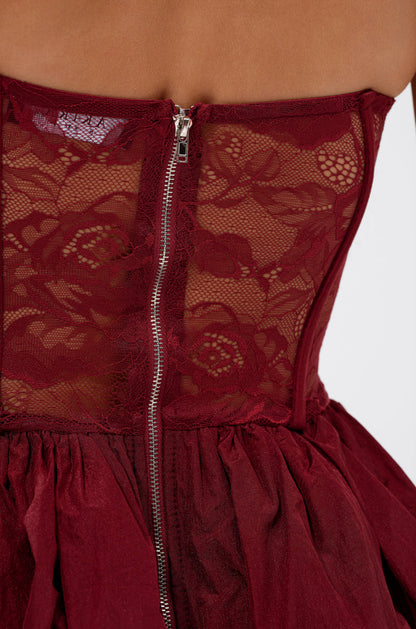 Arovena Strapless Burgundy Lace Corset Bubble Mini Dress
