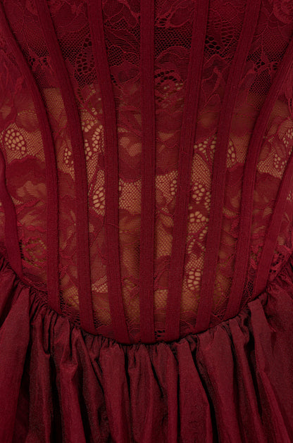 Arovena Strapless Burgundy Lace Corset Bubble Mini Dress
