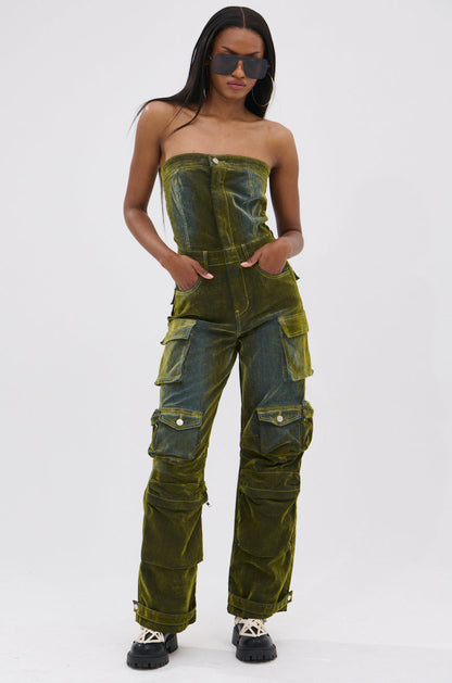 Arovena Green Velvet Strapless Cargo Pocket Jumpsuit