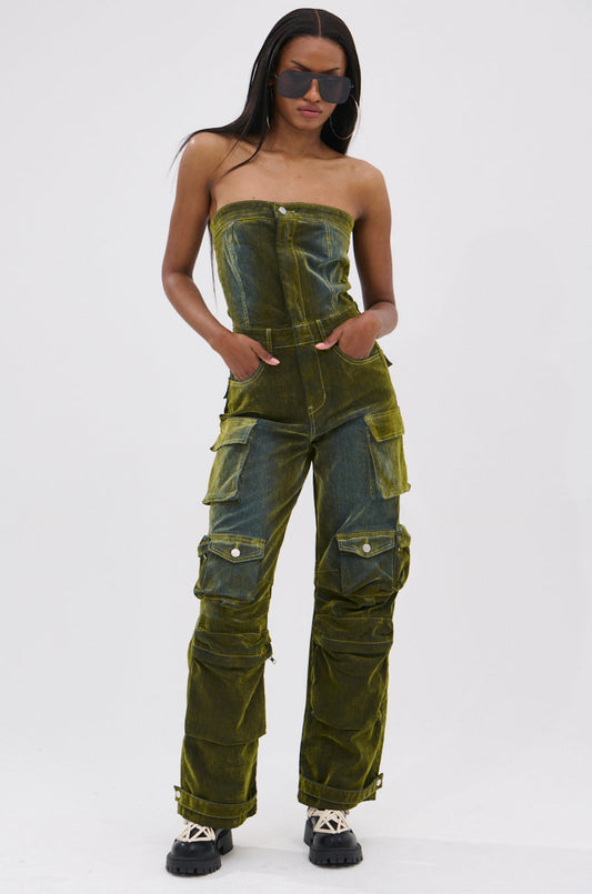 Arovena Green Velvet Strapless Cargo Pocket Jumpsuit