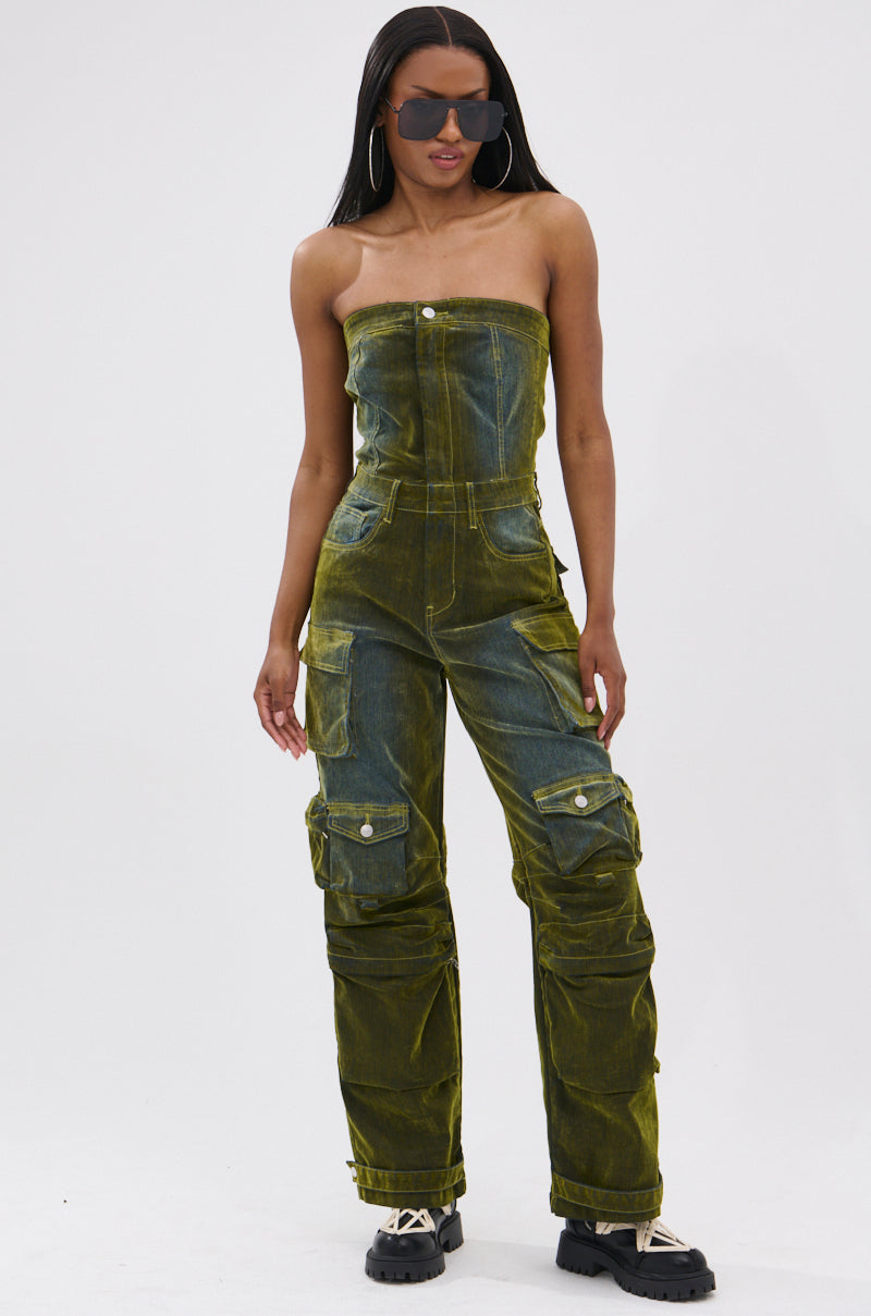 Arovena Green Velvet Strapless Cargo Pocket Jumpsuit