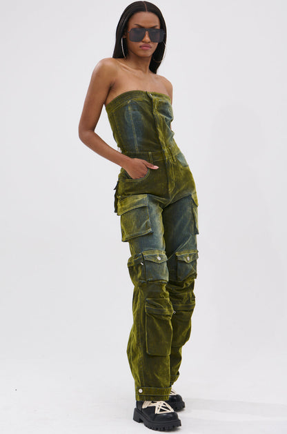 Arovena Green Velvet Strapless Cargo Pocket Jumpsuit