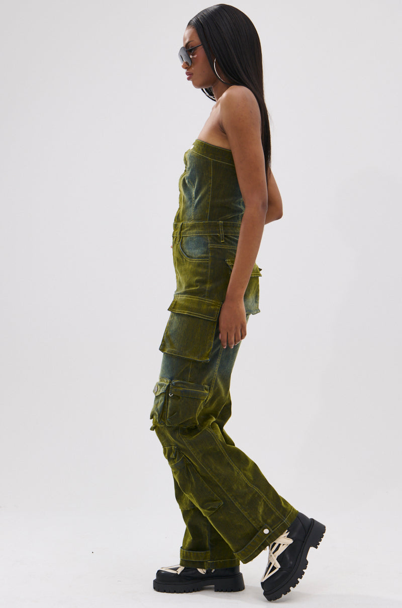 Arovena Green Velvet Strapless Cargo Pocket Jumpsuit