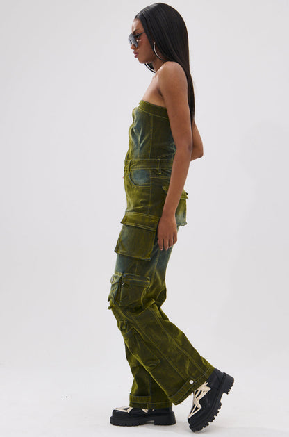 Arovena Green Velvet Strapless Cargo Pocket Jumpsuit