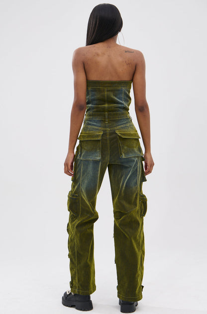 Arovena Green Velvet Strapless Cargo Pocket Jumpsuit